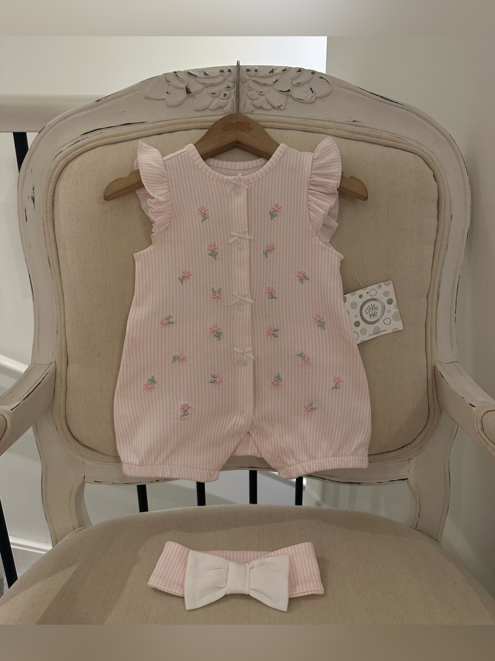 🩰 9 Mth Baby Ballet Pink Floral Embroidered 2 Piece Romper Set 100% Cotton NWT